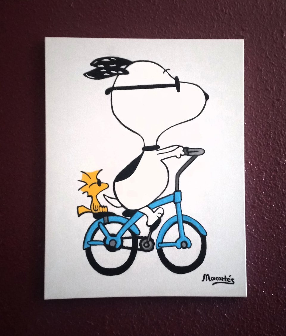 Snoopy y Woodstock — acrílico sobre lienzo, 14 × 18 in
