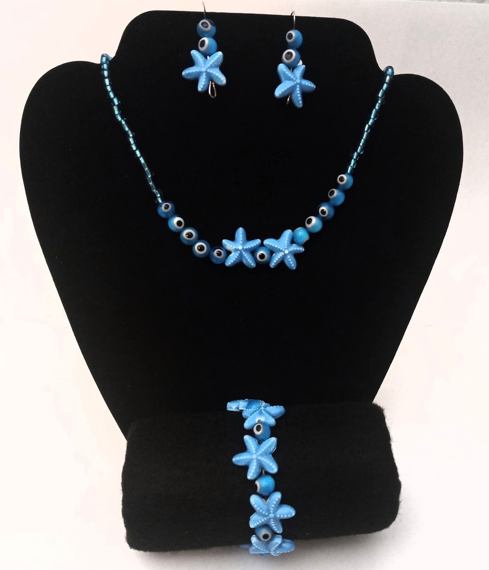 Set cerámica azul — collar, aretes y pulsera